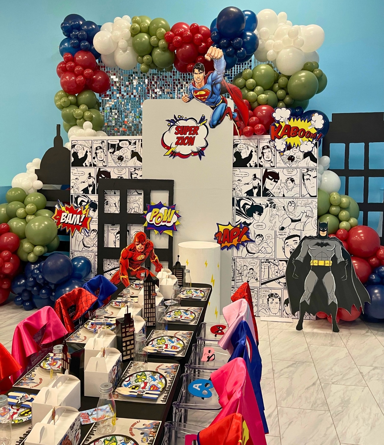 Balloon decor is fit for a true hero.  This party was made extra special with the add touch of balloons from The Balloon Fairy