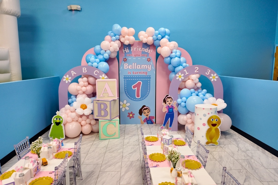 Ms Rachel first birthday party room setup at private kids party venue Kidz Kastle Warwick RI