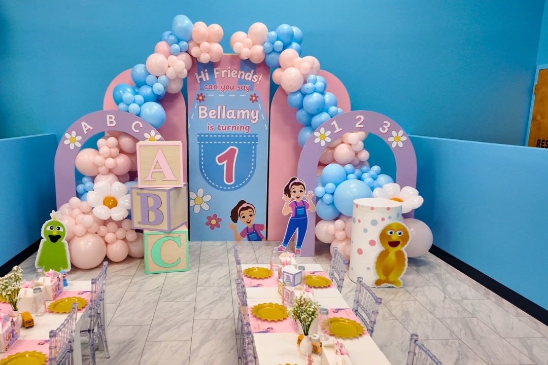 Ms. Rachel and ABC themed first birthday party with custom balloon arch and character cutouts at Kidz Kastle RI