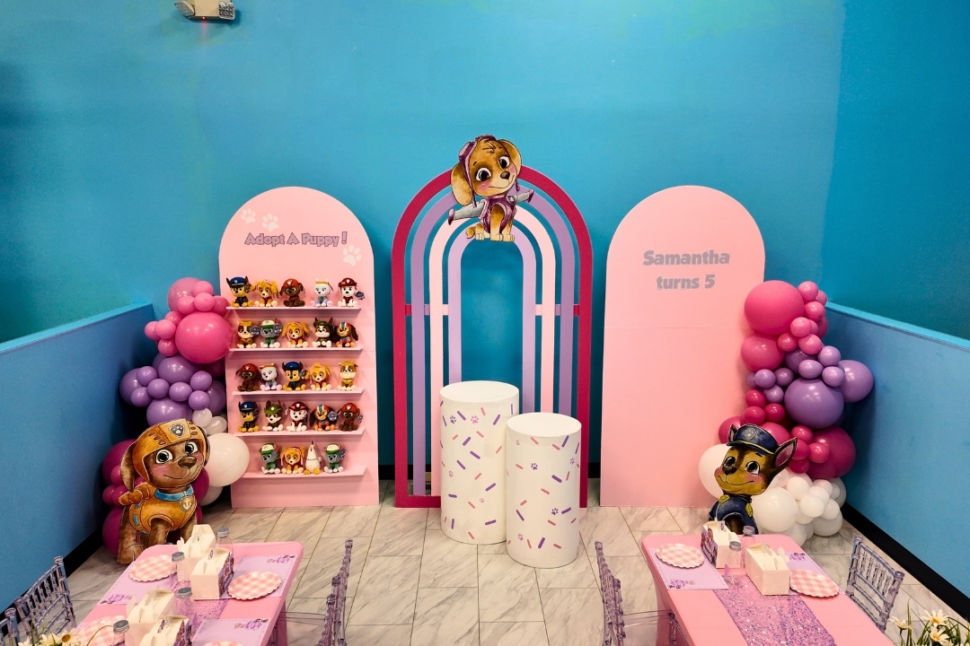 Paw Patrol themed 5th birthday party with Adopt a Puppy station and pink and purple balloon decor at Kidz Kastle RI
