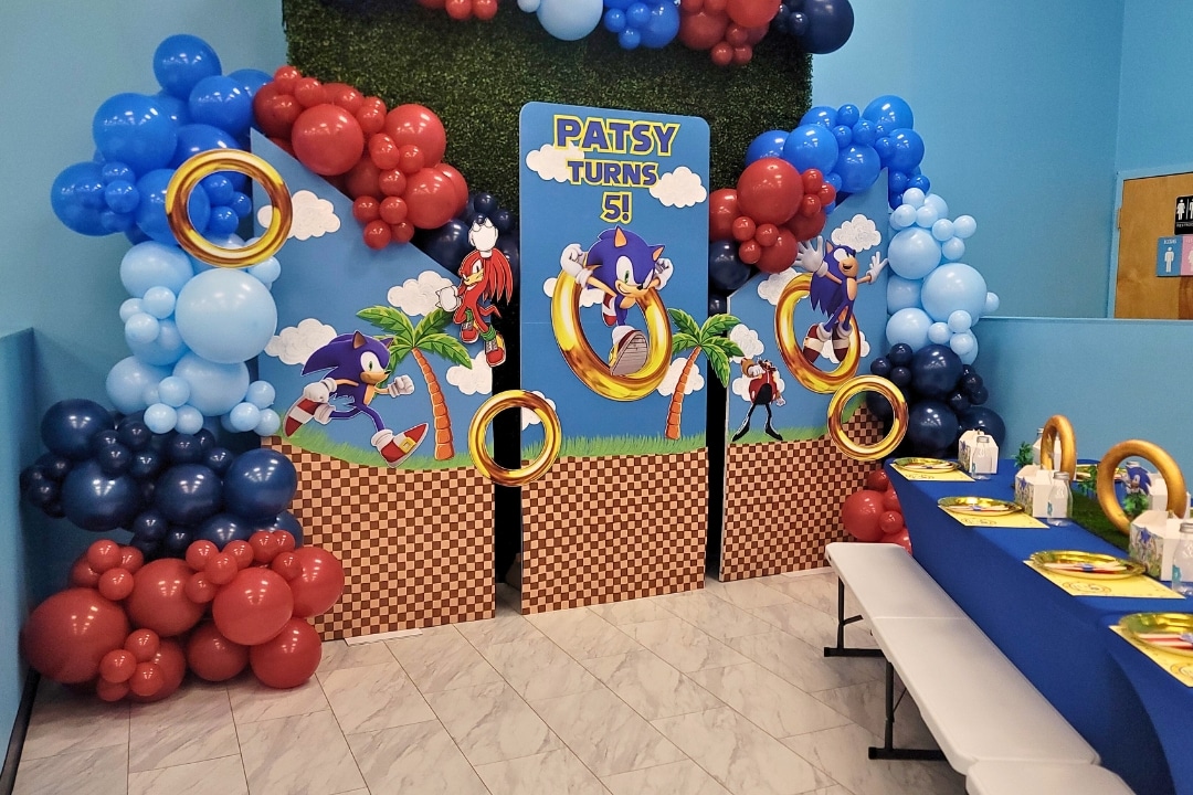 Sonic the Hedgehog themed 5th birthday party with gold rings and video game inspired backdrops at Kidz Kastle RI