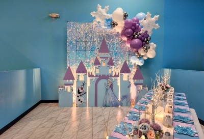 Magical Frozen-themed castle backdrop and shimmer wall for a private kids birthday party Warwick RI, including themed table settings and winter decor.